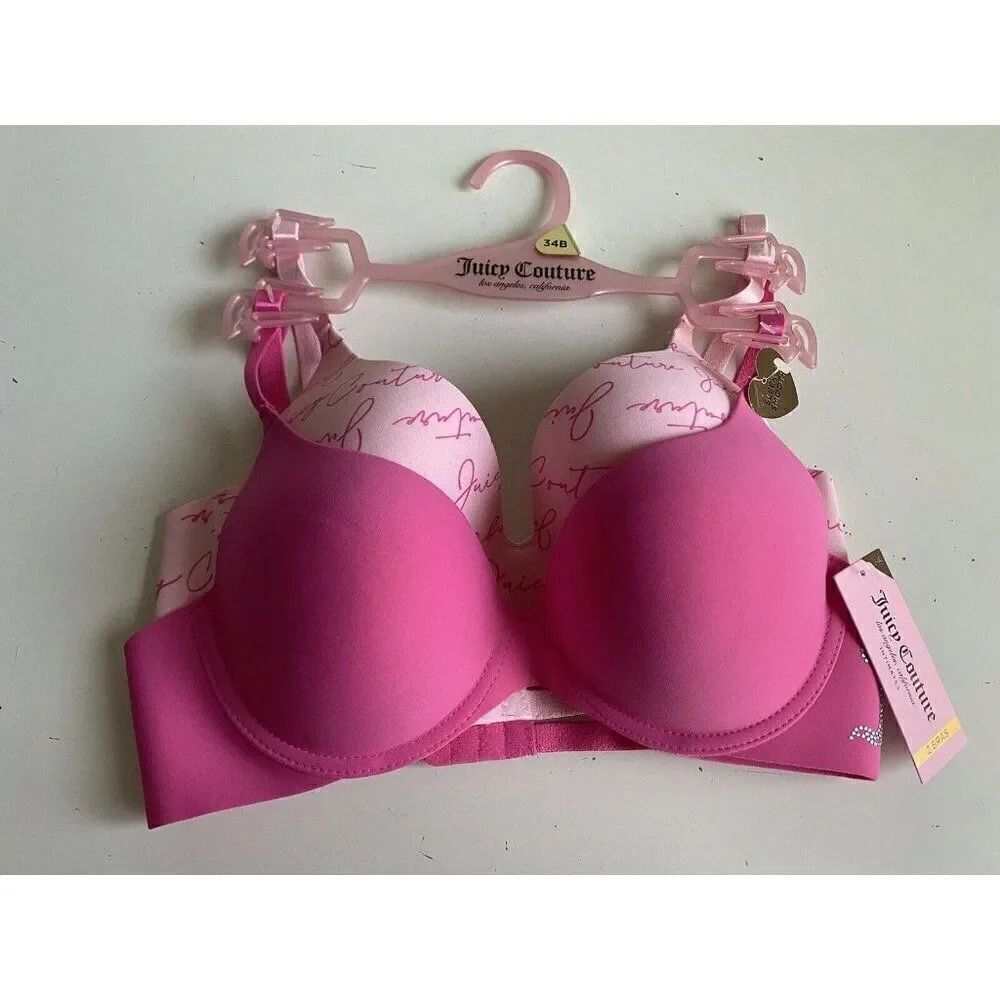 2 Pack Juicy Couture Sleek & Smooth Bra Sz 34B Lined Pink Bling Logo JC5149 NEW